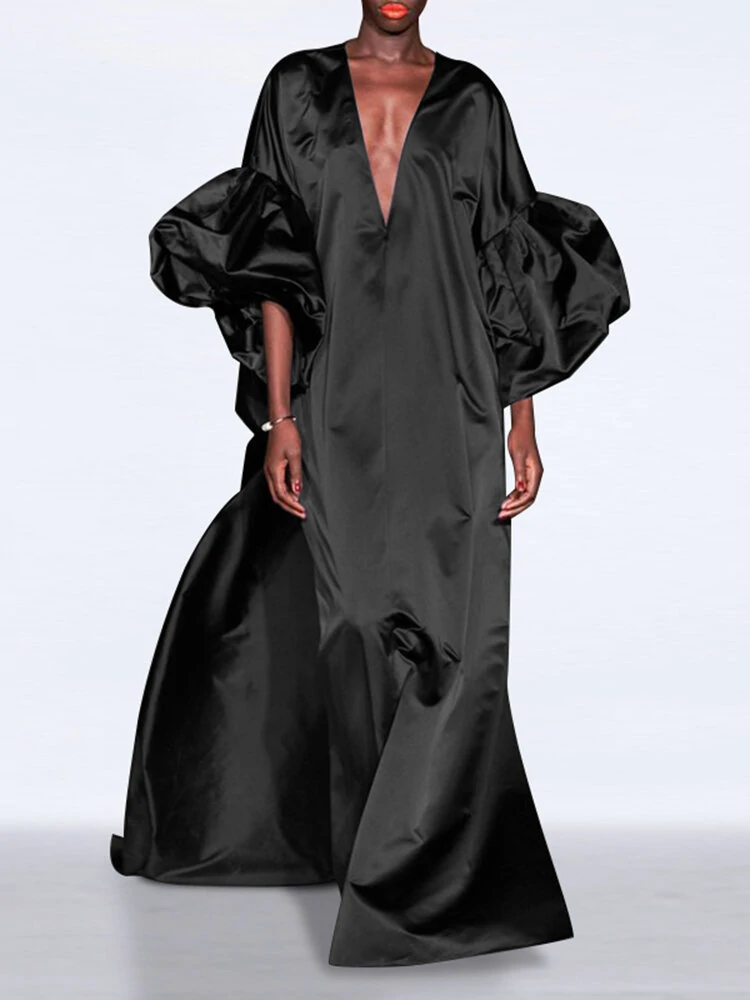 (image for) Puff Sleeve Ruffles Loose Fit V-Neck Leisure Maxi Dress For Women