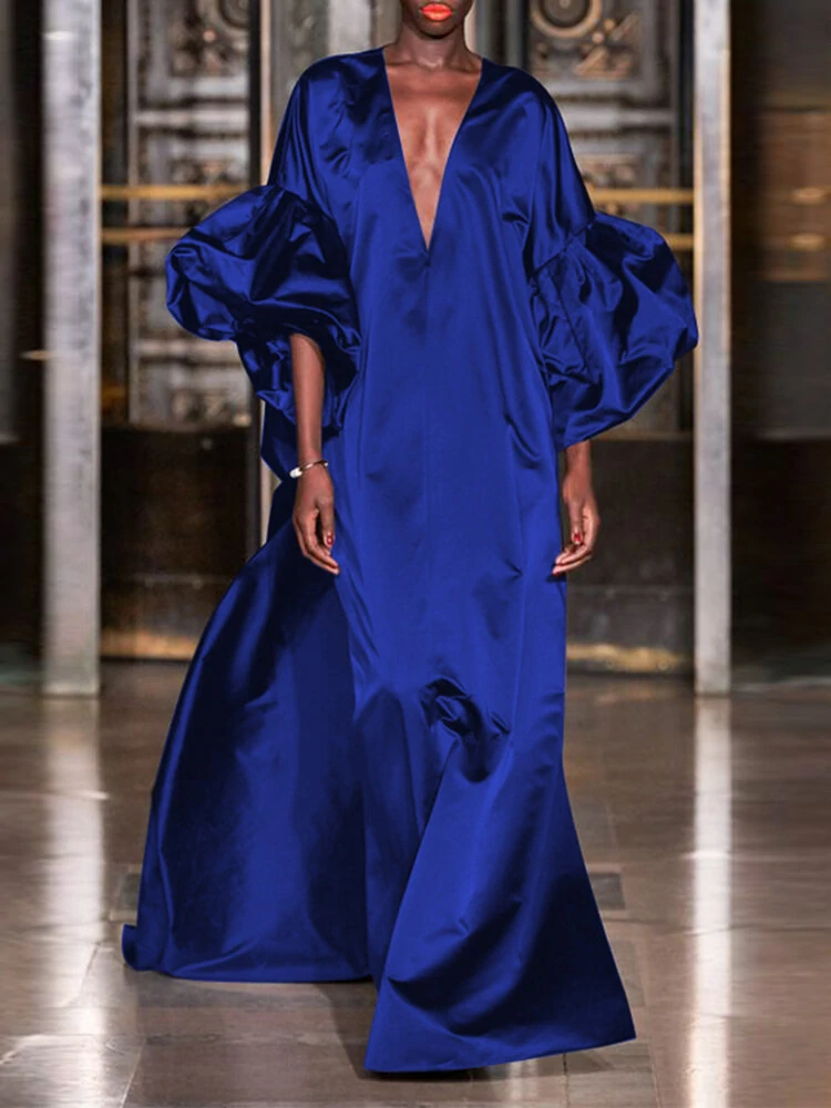 (image for) Puff Sleeve Ruffles Loose Fit V-Neck Leisure Maxi Dress For Women