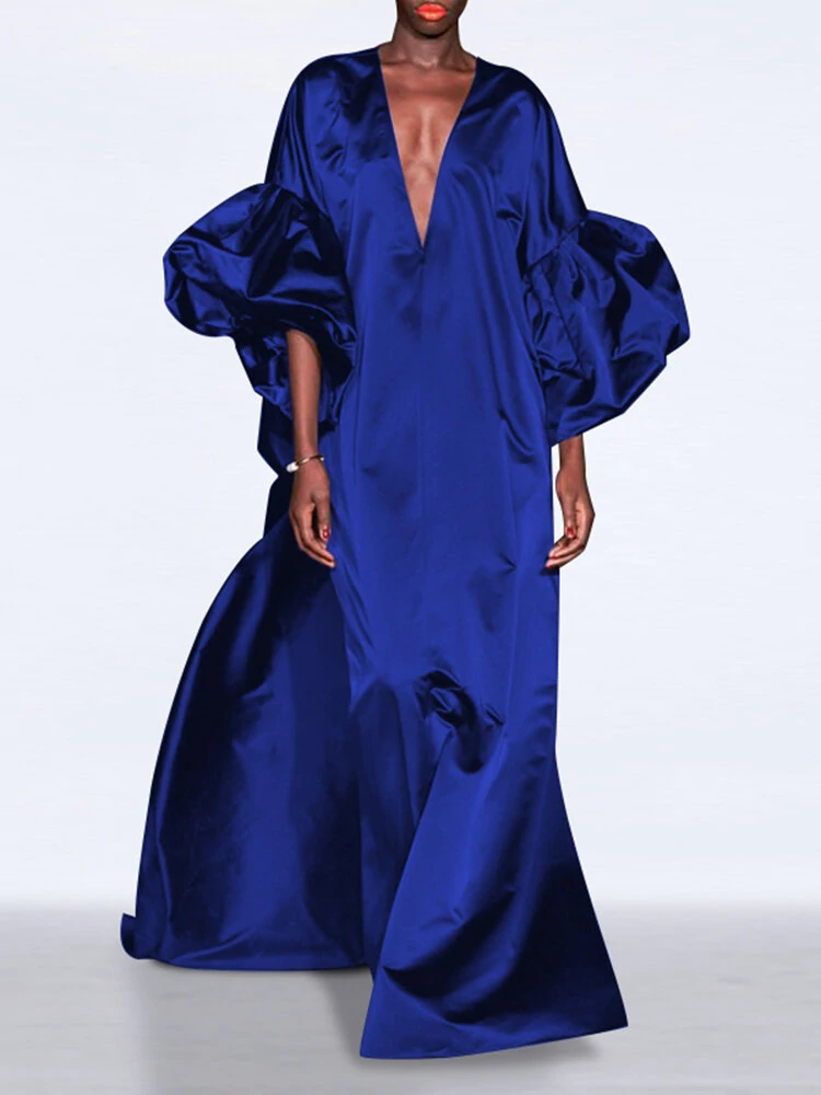 (image for) Puff Sleeve Ruffles Loose Fit V-Neck Leisure Maxi Dress For Women