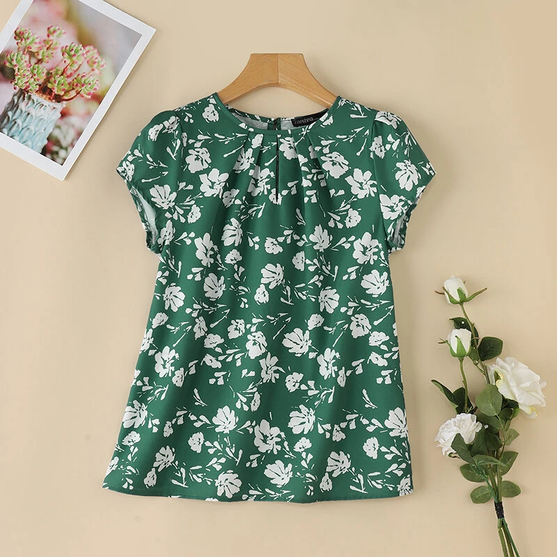 (image for) ZANZEA Womens Floral Print Ruffled Open Round Neck Design Short Sleeve Shirts