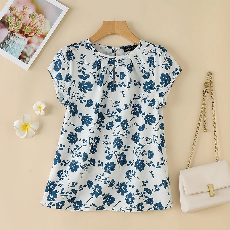 (image for) ZANZEA Womens Floral Print Ruffled Open Round Neck Design Short Sleeve Shirts