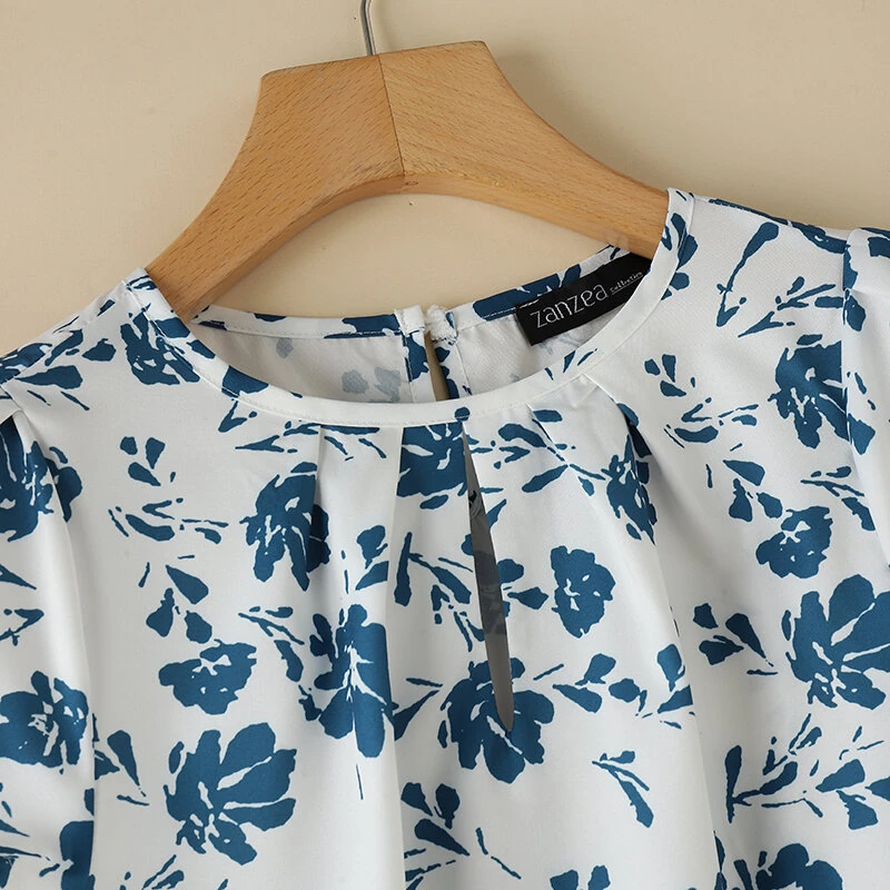 (image for) ZANZEA Womens Floral Print Ruffled Open Round Neck Design Short Sleeve Shirts